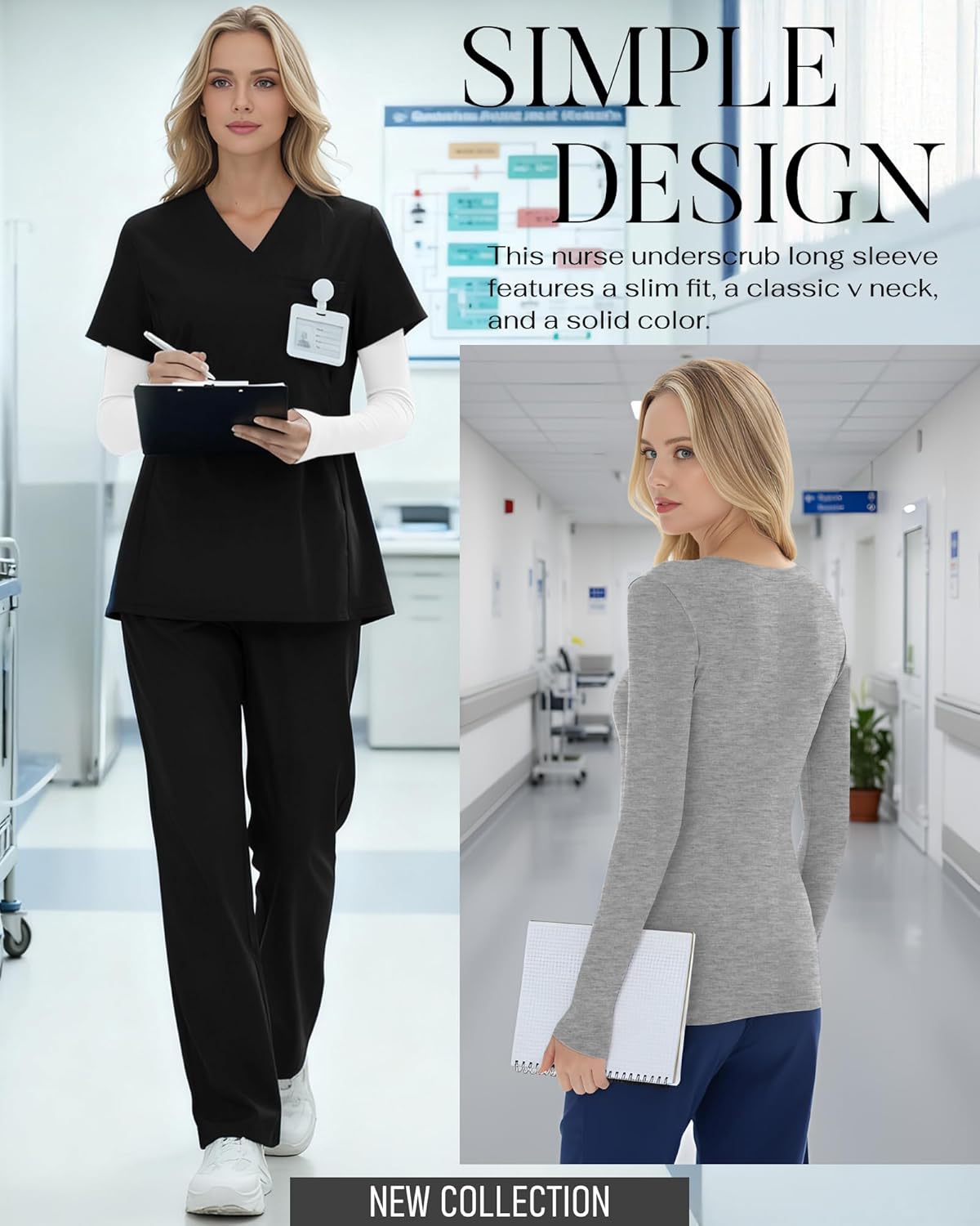 5 Pack Women's Long Sleeve Under Scrubs V Neck Fitted Undershirts Basic Layering Tops for Nurse - Image 3