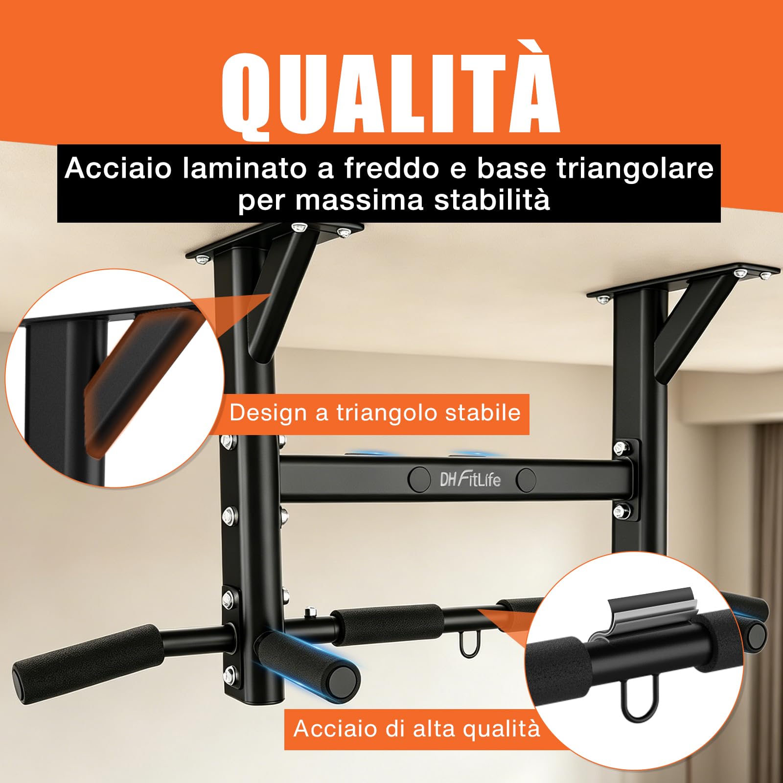 DH FitLife Sbarra per Trazioni da Soffitto 4 in 1 fino a 300 kg, Pull Up Bar Multifunzione per Home Gym, 8 Impugnature Antiscivolo, 3 Occhielli per Sacco da Boxe & Sling Trainer, Stabile & Sicura