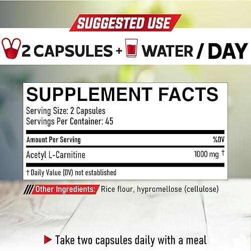 Miniatura 2 de Suplemento de acetil L-carnitina de 500 mg por cápsulas, salud cerebral, estado de ánimo positivo, producción de energía y apoyo para la salud