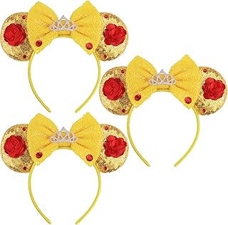 Mouse Ears Headband with Beauty Red Rose, Princess Belle Ears for Women Halloween Costume, Princess Party Headwear Hair Accessories for Women -3pcs Red Rose