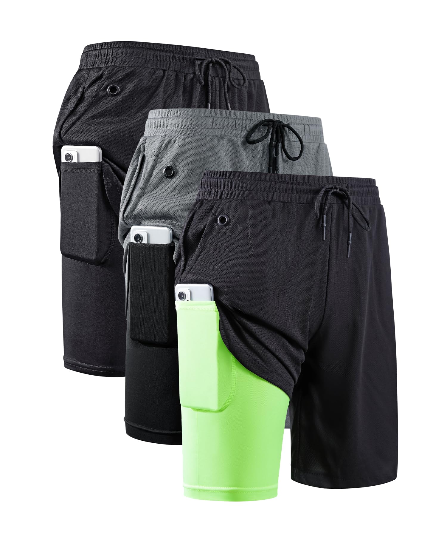JWJ Mens 2 in 1 Running Shorts Quick Dry Gym Athletic Workout Clothes with Side Pockets
