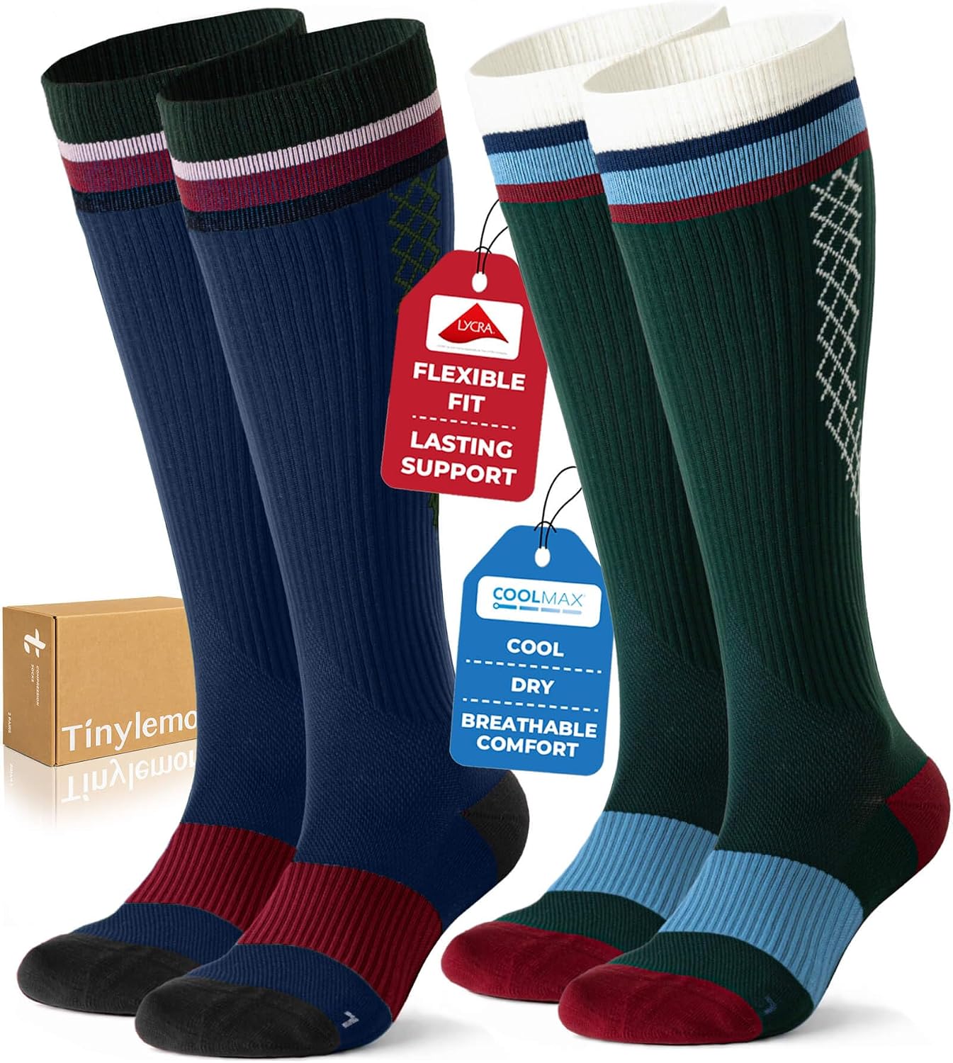 TINYLEMON Compression Socks for Women and Men,15-20 mmHg Support(2 Pairs)
