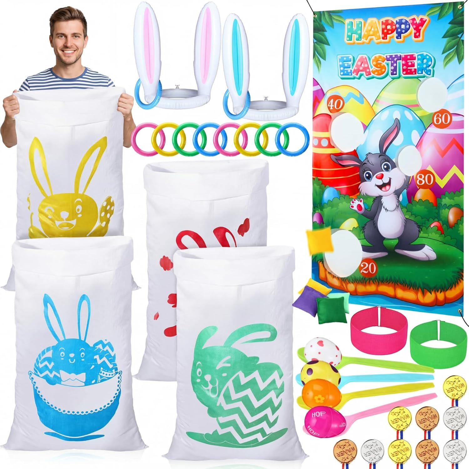 Hiboom 38 Pcs Easter Party Games for Adults, Include Potato Sack Race Bags Easter Bean Bag Toss Game 3 Legged Egg Spoon Race Inflatable Bunny Ring Toss Game