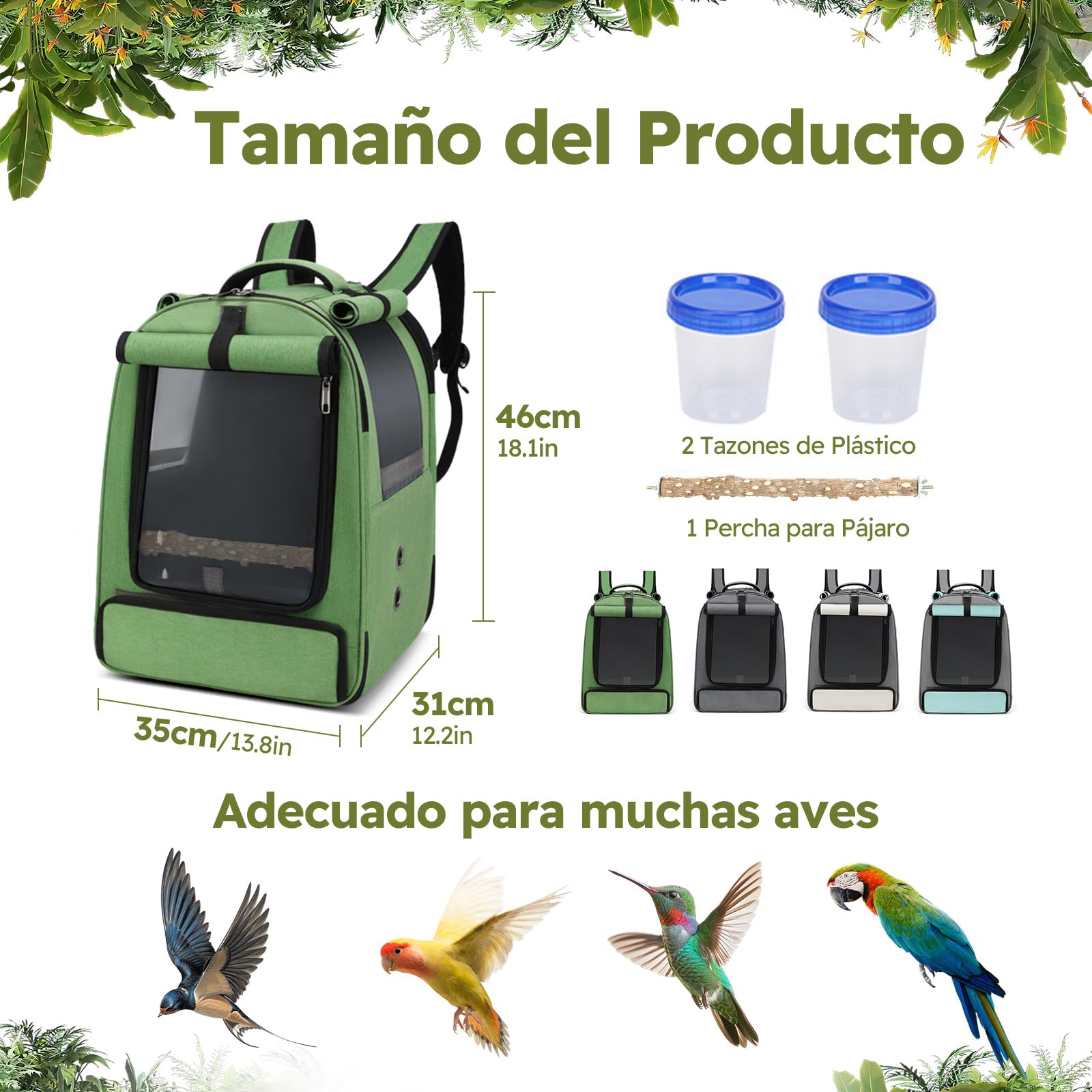 PETCUTE Bolsa de Transporte para Pájaros,Mochila para Pájaros con Percha y 2 Recipientes para Alimentos, Mochila Fácil de Limpiar para Loros, Bolsa de Viaje Portátil para Animales Pequeños,Verde