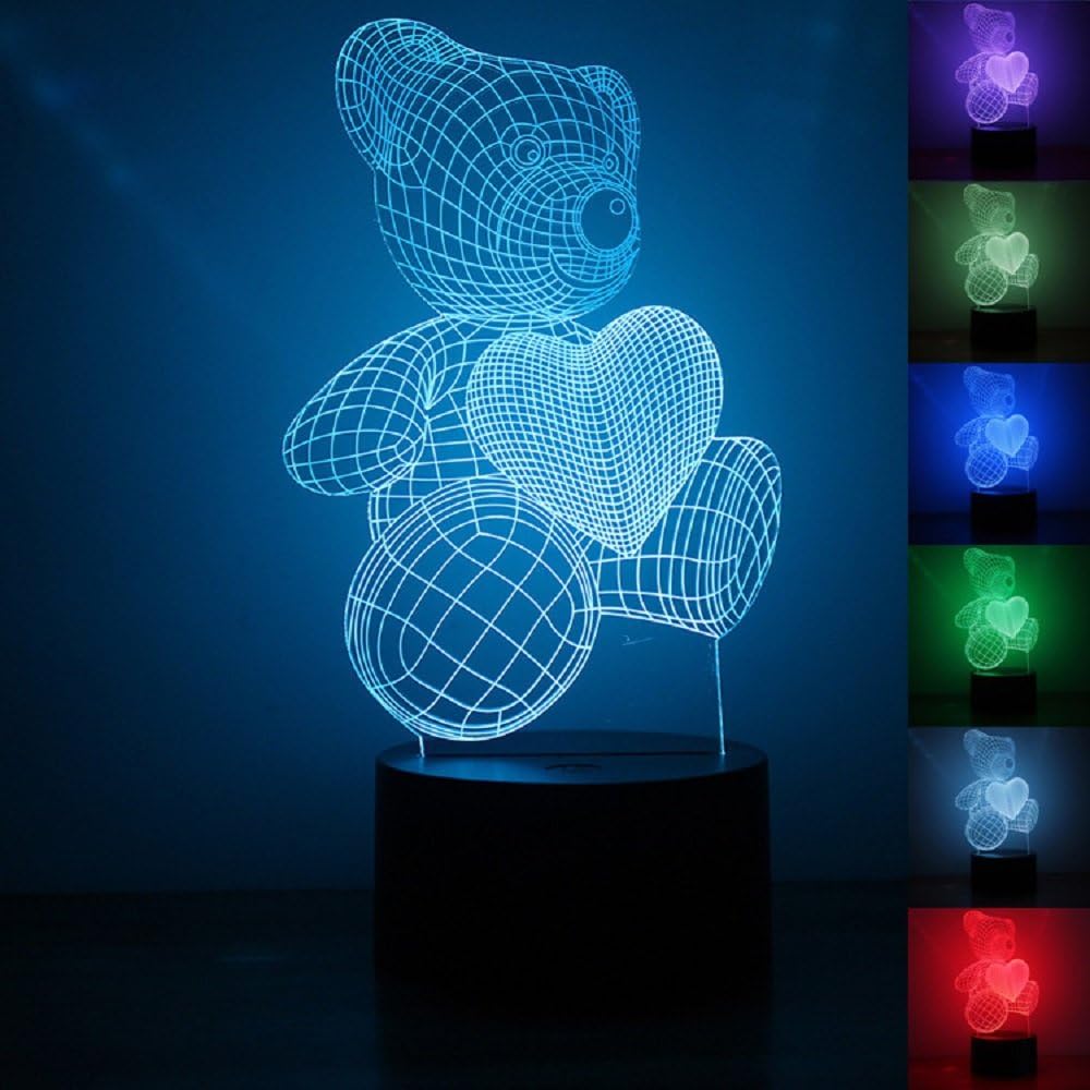 Teddy Bear 3D Table Lamp Optical Illusion Blubing Night Light 7 Colours Changing Mood Lamp, 3D night light for kids & adult, touch control USB charge table desk lamp (teddy bear)