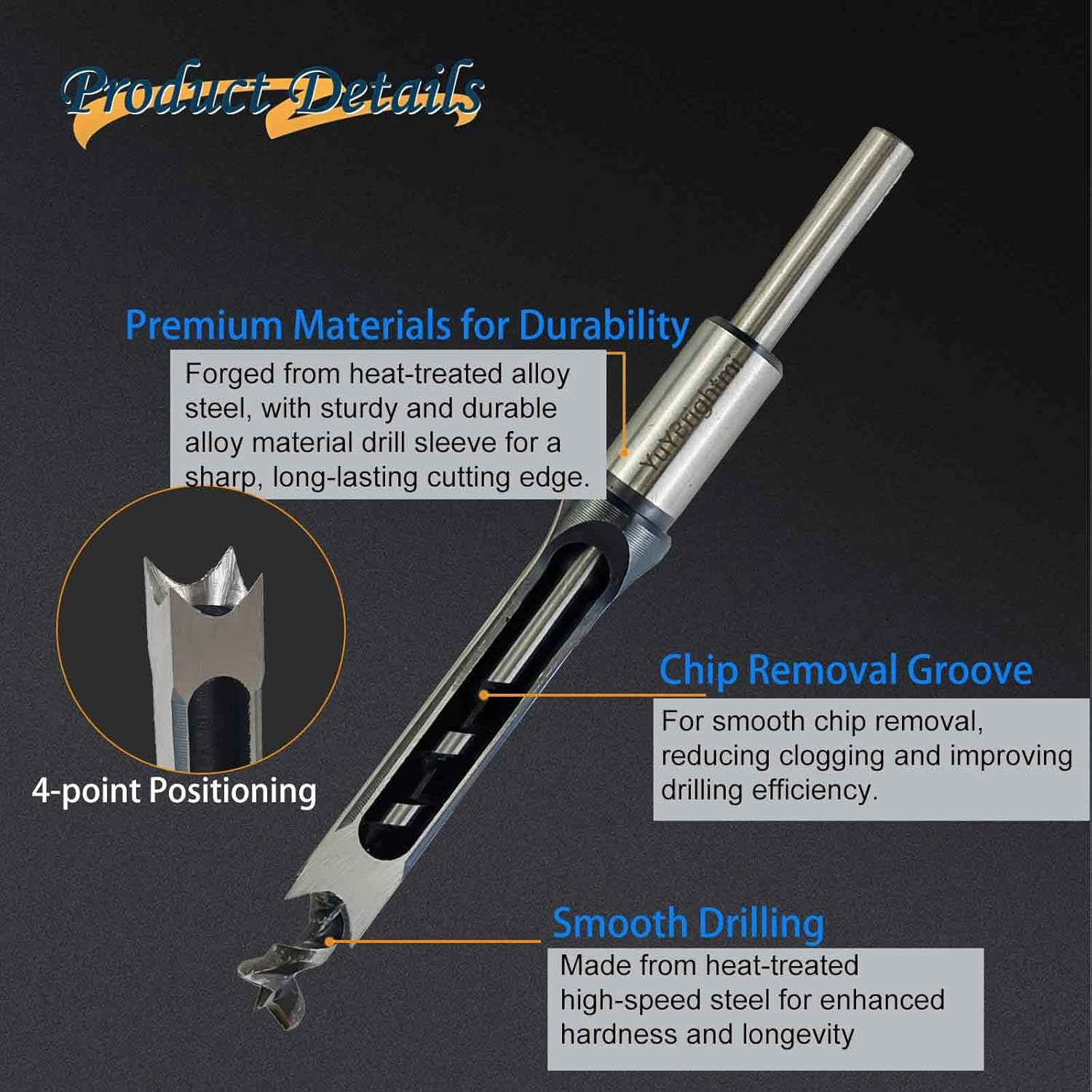 Square Hole Mortise Chisel Drill Bit Tools 1/4", 5/16", 3/8", 1/2", 9/16", 5/8"（6.4mm,8mm,9.5mm,12.7mm,14mm,16mm for Precise Square Hole Drilling