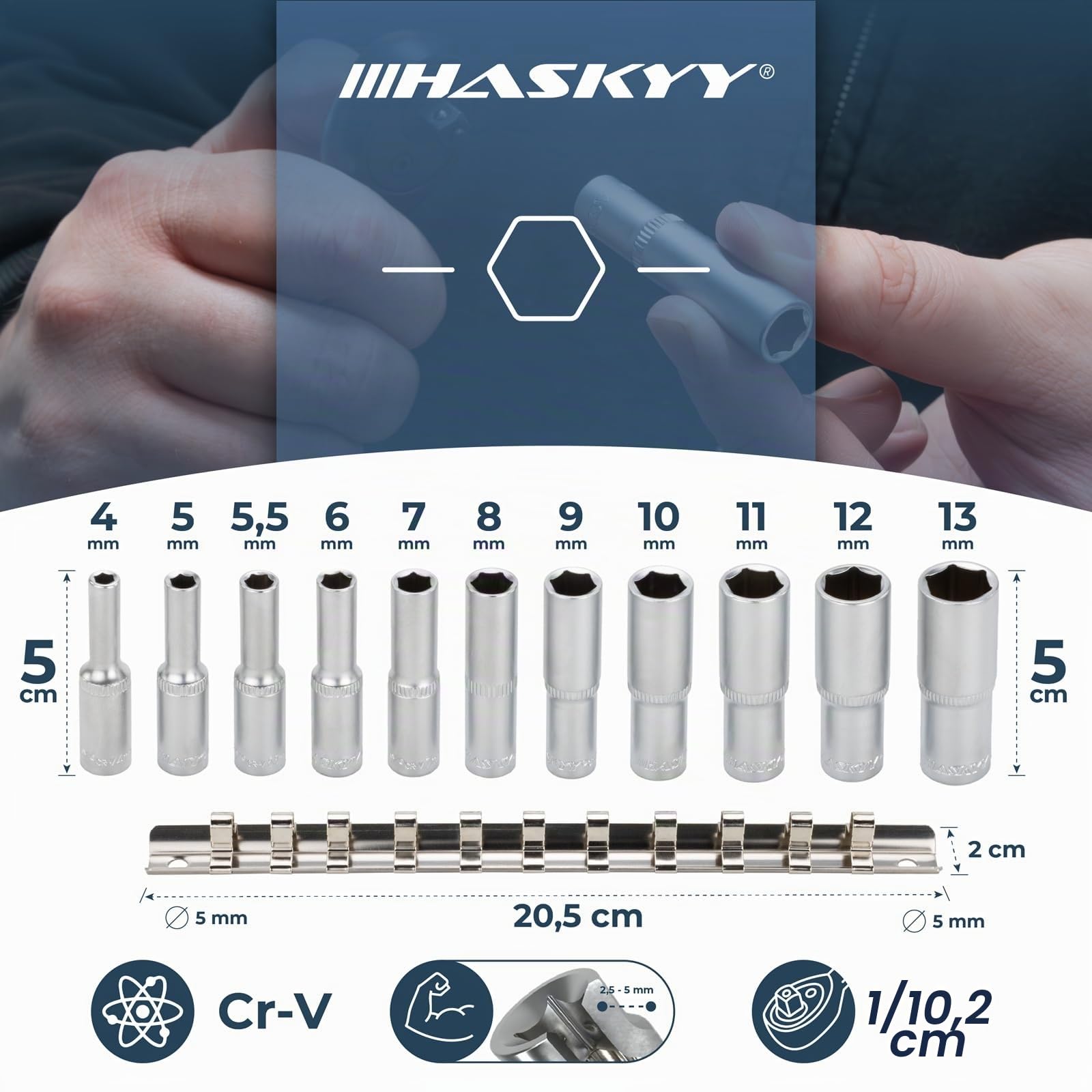 HASKYY Set di chiavi a bussola lunghe da 1/4", esagonali, 4 – 13 mm, set di dadi a 6 punti, Argento