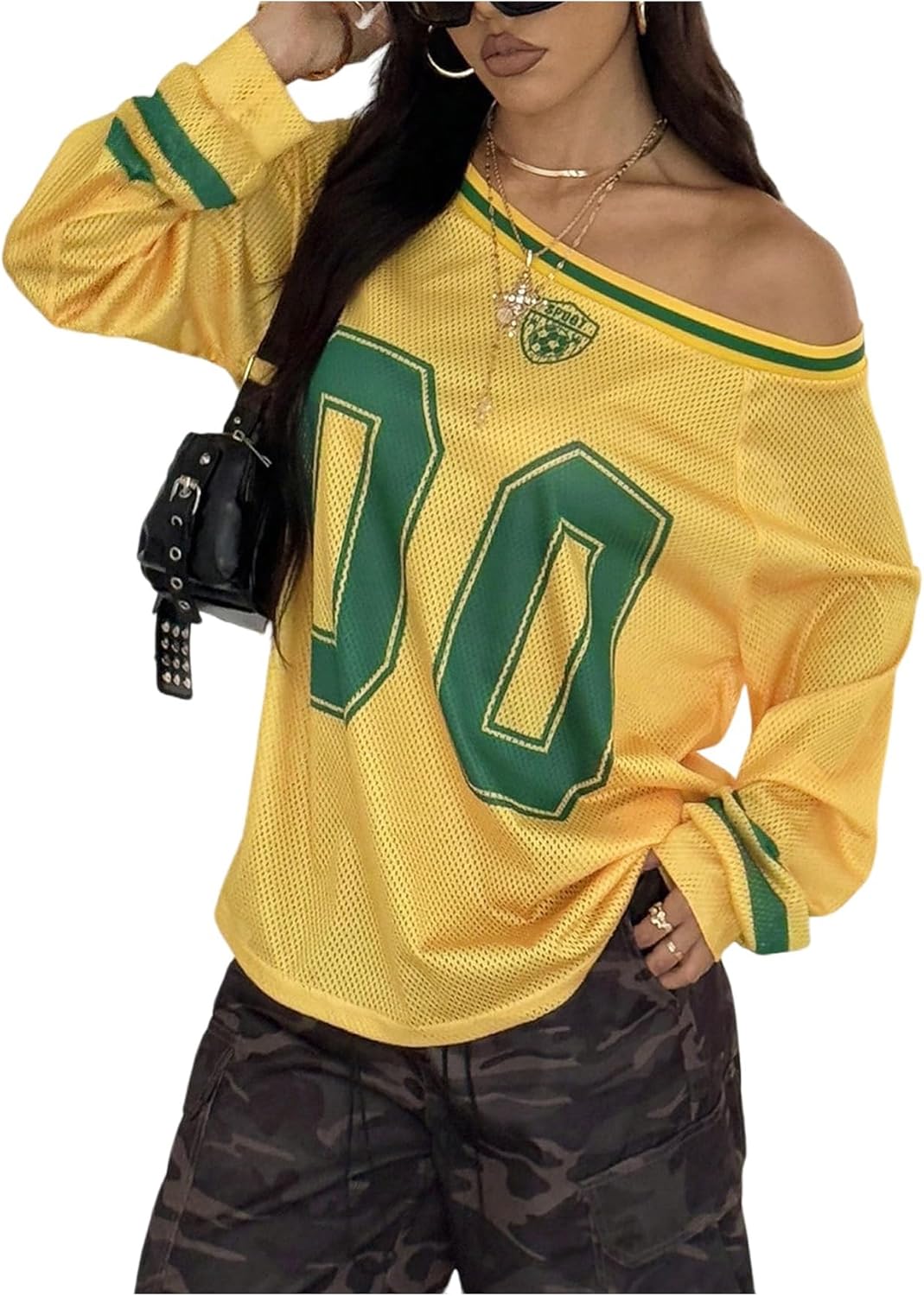 Women's Y2k Mesh Jersey Shirts Sheer Graphic Tees Oversized Off The Shoulder Long Sleeve Tops Streetwear