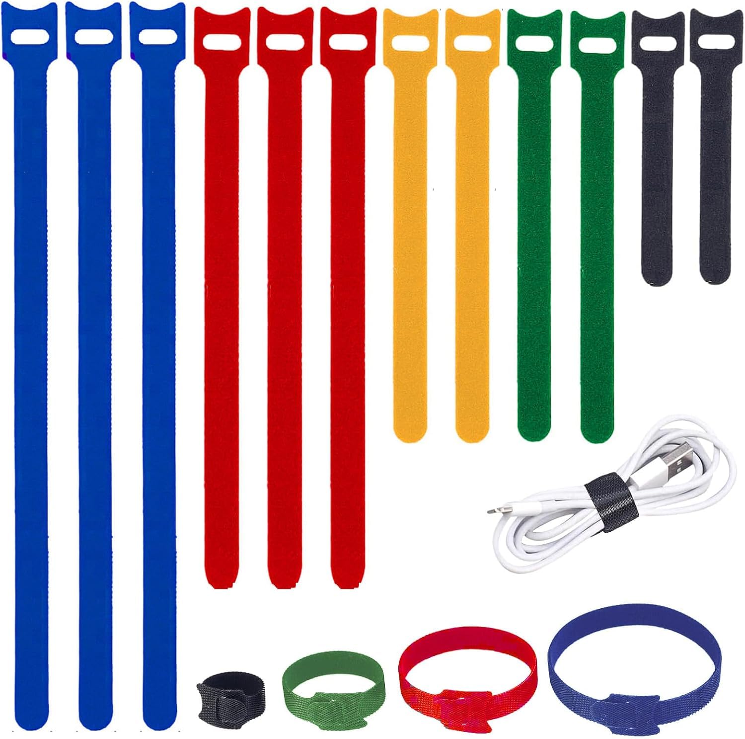 TQIOQIY 200 Pack Cable Ties, (4''+6''+8''+10'' Long) x (12mm Wide) Hook and Loop Reusable Self-Gripping Fabric Adjustable Cable Straps Ties in 5 Colours for Cord Organizer Cable Management
