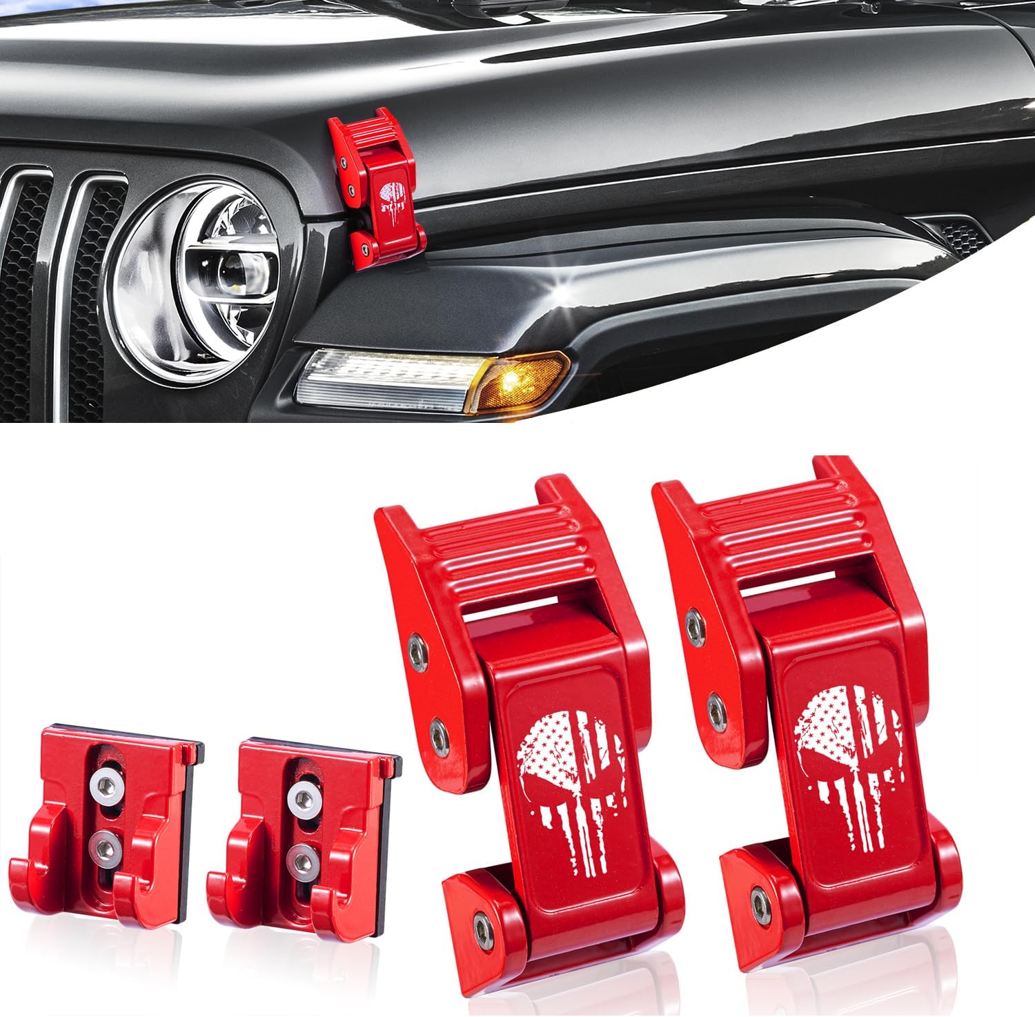 Aluminum Hood Latches Catch Kit Accessories Compatible with Jeep Wrangler JK JKU 2007-2018 & Jeep Wrangler JL JLU 2018-2024 & Jeep Gladiator JT 2020+(Red Punisher Skull)