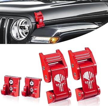 Aluminum Hood Latches Catch Kit Accessories Compatible with Jeep Wrangler JK JKU 2007-2018 & Jeep Wrangler JL JLU 2018-2026 & Jeep Gladiator JT 2020-2026 Red Punisher Skull