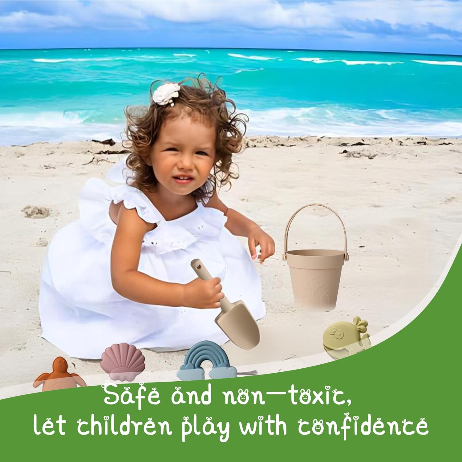 10Pcs Silicone Beach Toys for Toddlers 1-3,Travel Sand Toys Set for Kids, Collapsible Bucket & Shovel with Sand Molds, Quick-Dry Bath Toys, Summer Beach Essentials for Baby Girls Boys(Beige)