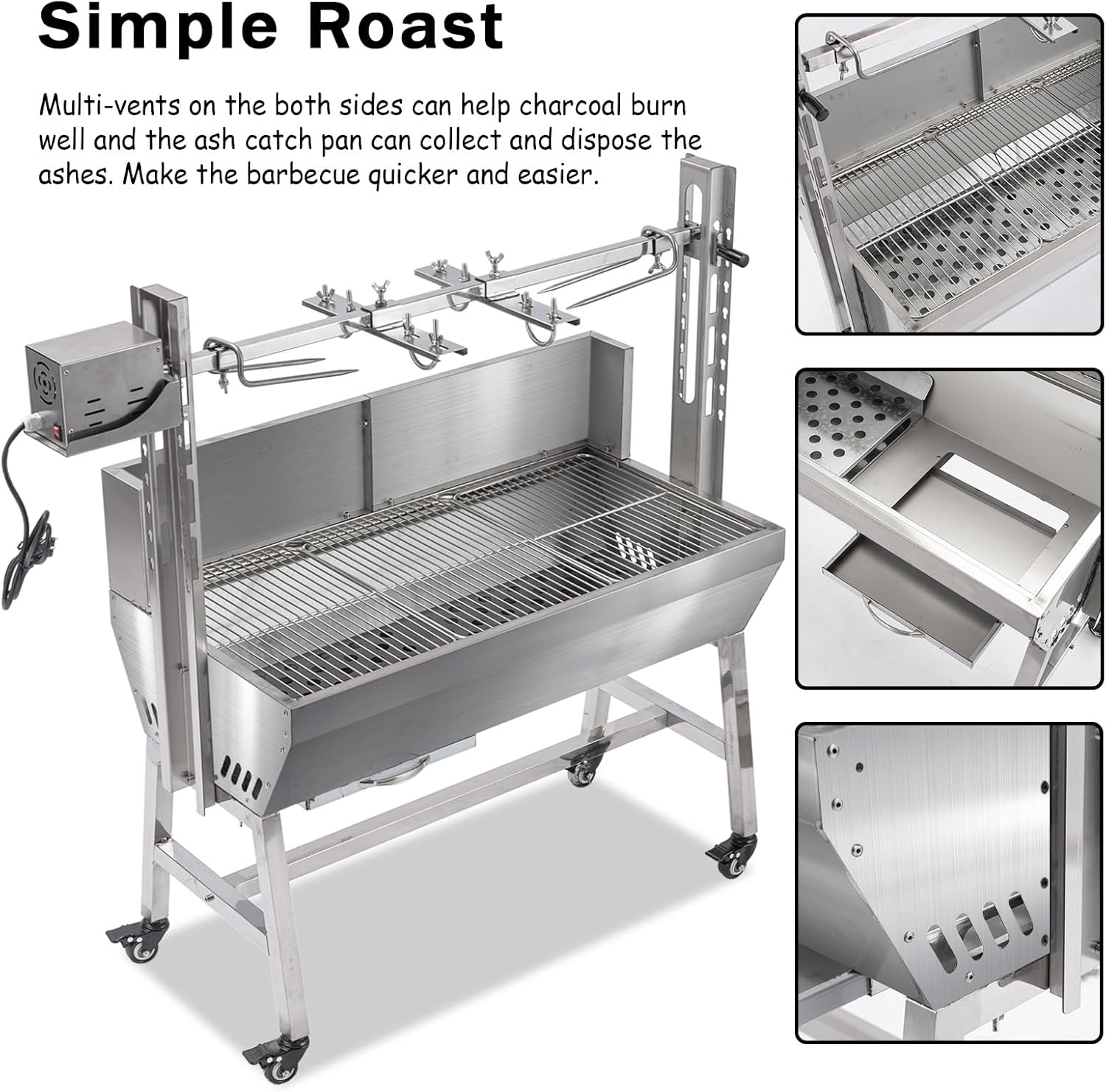 25W Stainless steel pig roaster rotisserie grill, 34.6-inch rated 132-pound barbecue grill suitable for outdoor camping kitchens