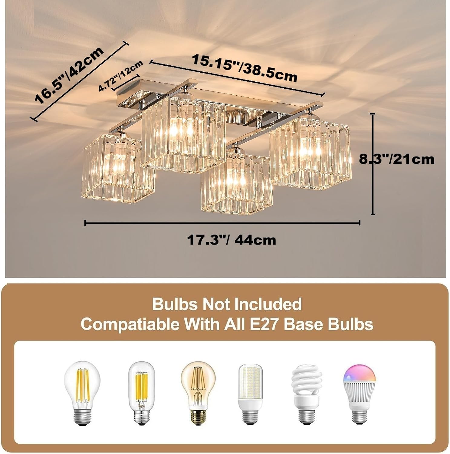 Flush Mount Ceiling Light Crystal Shade Chandelier Modern Lighting Fixture for Bedroom Living Room Dining (4 Lights Silver)