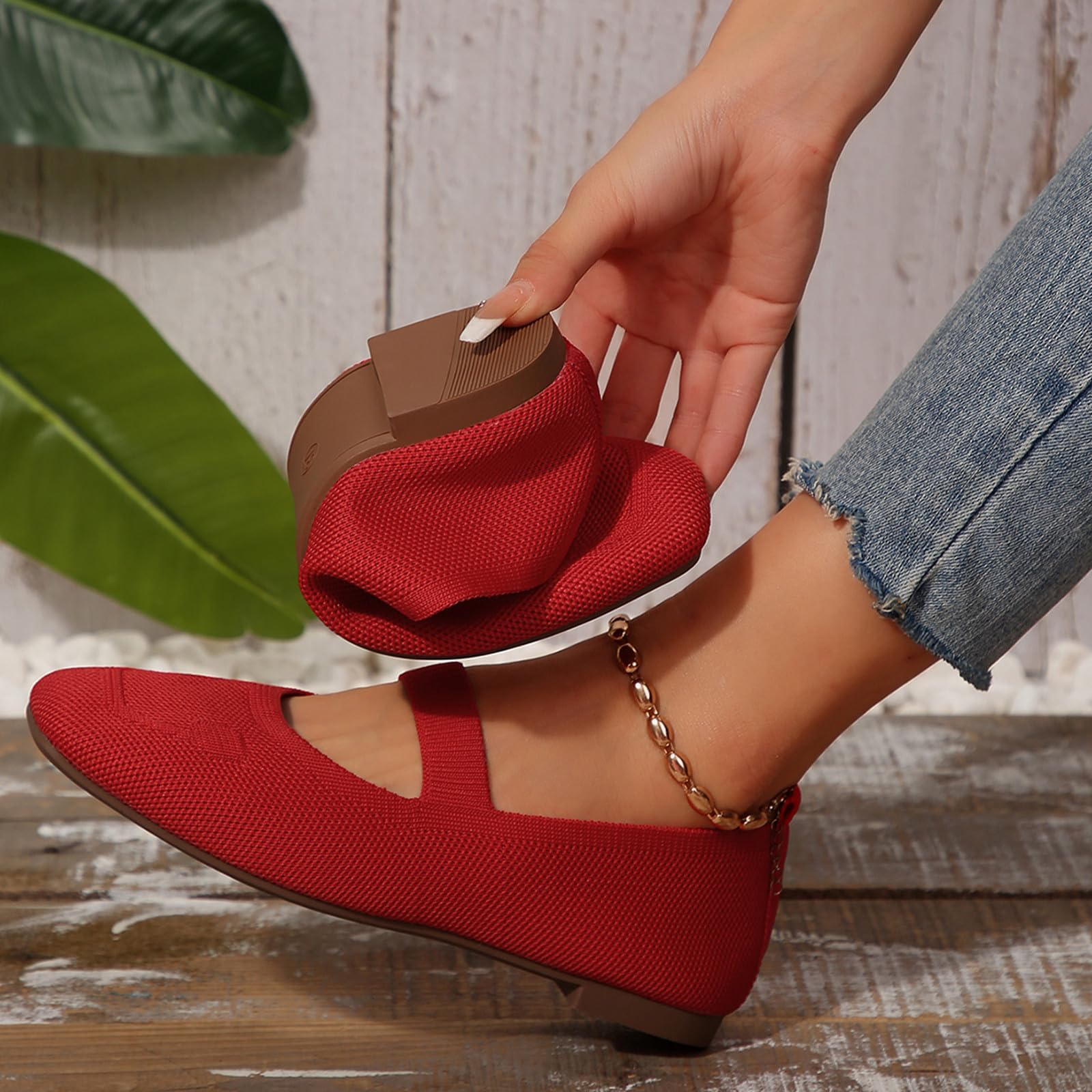 Women's Mary Jane Flats Shoes Square Toe Casual Ballet Flats Comfortable Knit Dress Shoes for Women Work Office