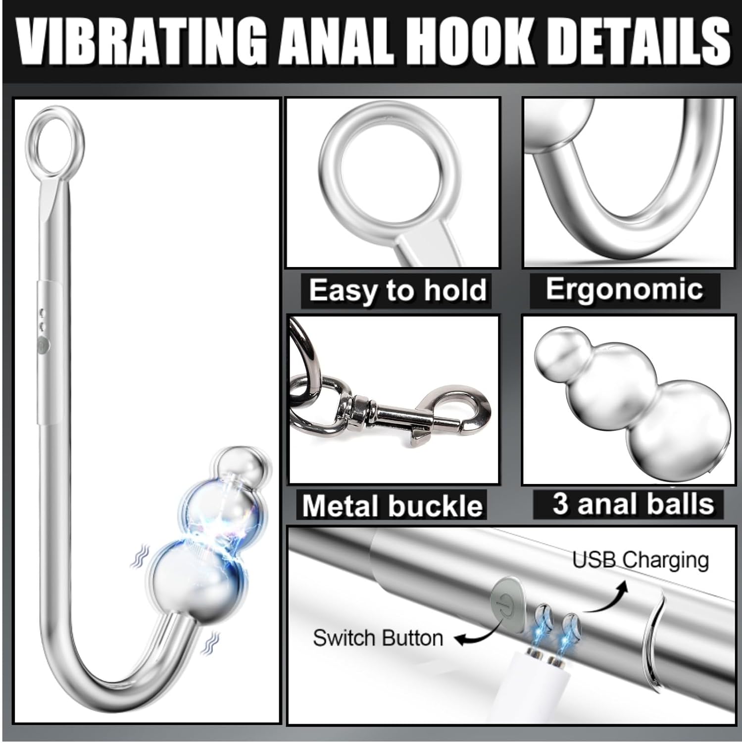 Vibrating Anal Hook BDSM Sex Bondage Restraints Kit, Thigh Sling Chest Harness Behind Back Handcuffs, 3 Balls Anal Trainer with 9 Vibration Modes, SM Fetish Unisex Sex Toys for Couples