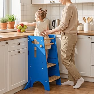 COSYLAND Toddler Standing Tower Adjustable Height(NO Backing Board) - Stable Kids Kitchen Stool Helper with 4 Support Blocks - 3 Levels Adjustable Wooden Toddler Kitchen Stool (Natural & Navy Blue)