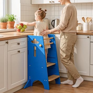 COSYLAND Toddler Standing Tower Adjustable HeightNO Backing Board - Stable Kids Kitchen Stool Helper with 4 Support Blocks - 3 Levels Adjustable Wooden Toddler Kitchen Stool Natural & Navy Blue