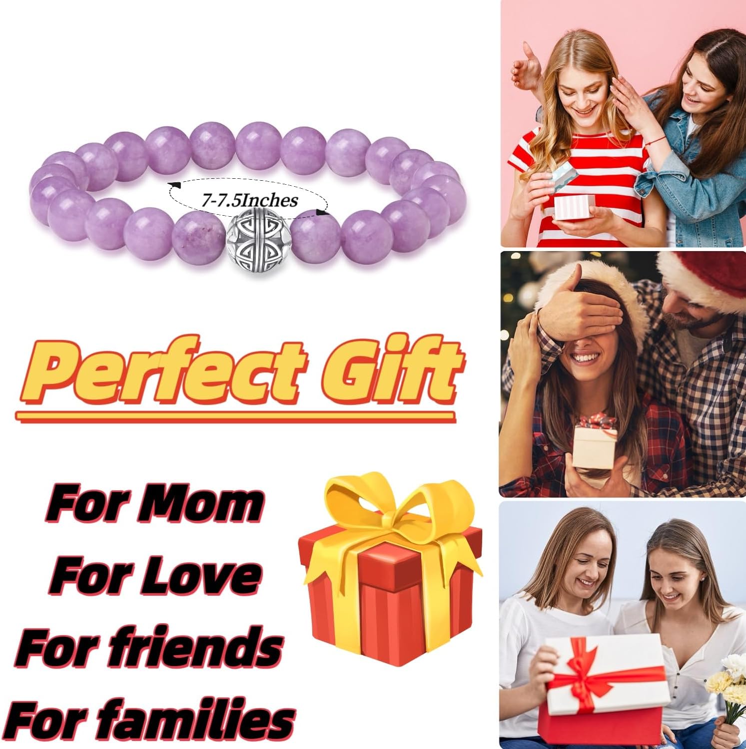 Healing Crystals Beaded Bracelets for Womens Natural Gemstone 8mm Beads Stretch Bracelets with 925 Sterling Silver Double Happiness Pendant - Image 3