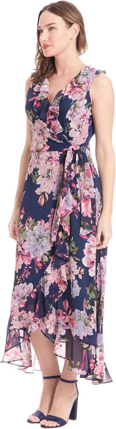 London Times Womens Sleeveless Ruffle Detail Faux Wrap Tie Midi Dress - Image 2