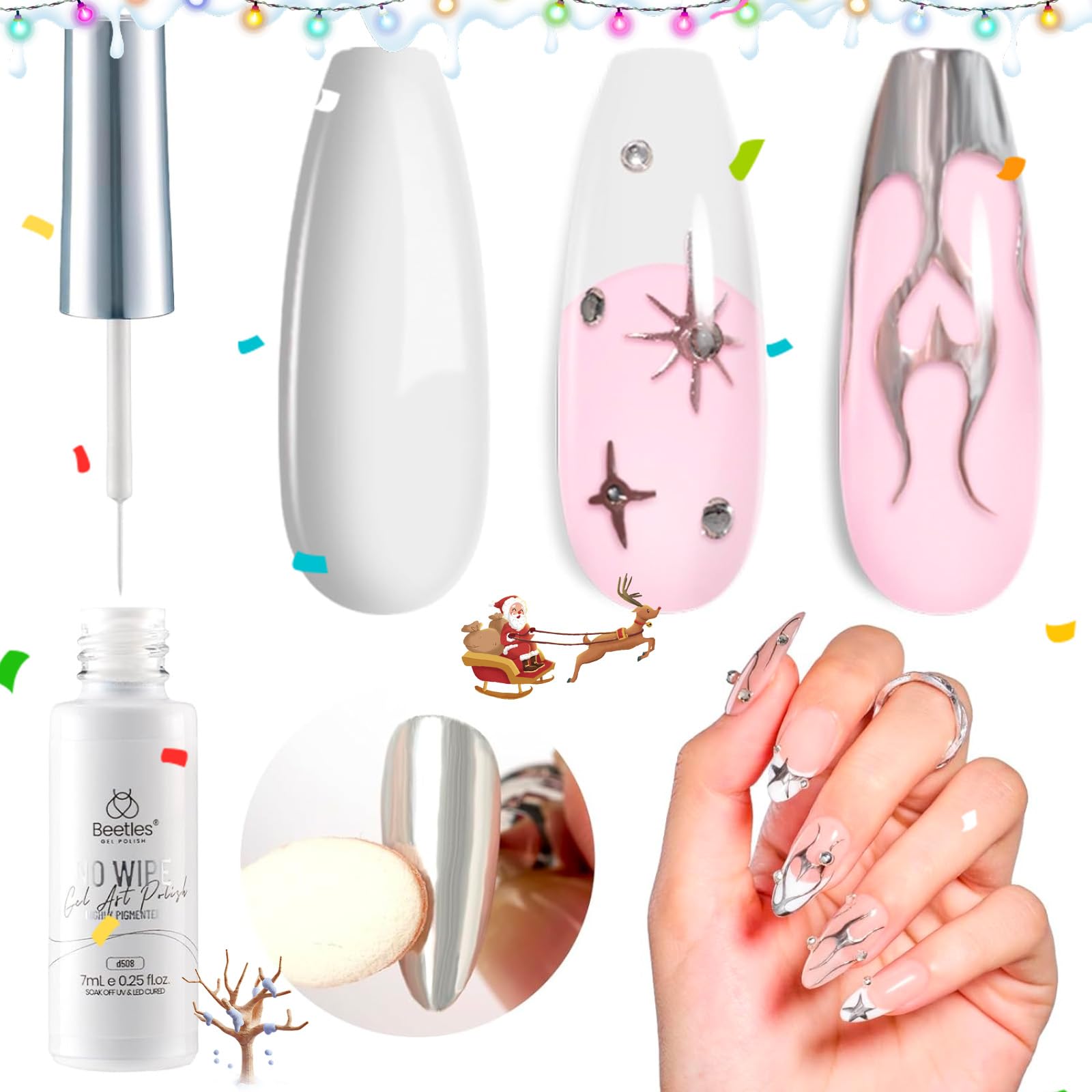 Beetles 1pcs 7ml No Wipe White Liner Gel Art Polish for Nail Chrome Powder Effect UV Led Gel Polish, Not Need to Apply Top Coat In Advance (Chrome Powder & Top Coat Not Included)