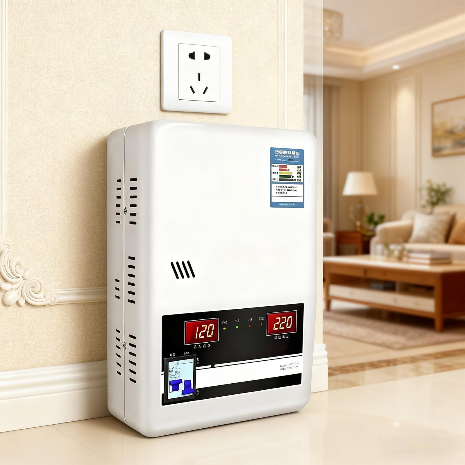 Automatischer Spannungsstabilisator 220 V mit Digitalanzeige, Reinkupferkonstruktion. Universeller Spannungsstabilisator für alle elektronischen Geräte im Haushalt 7800W