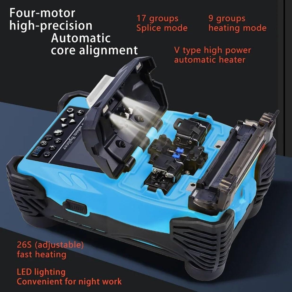 A-87S Fusion Splicer with its internal components visible, highlighting the automatic core alignment