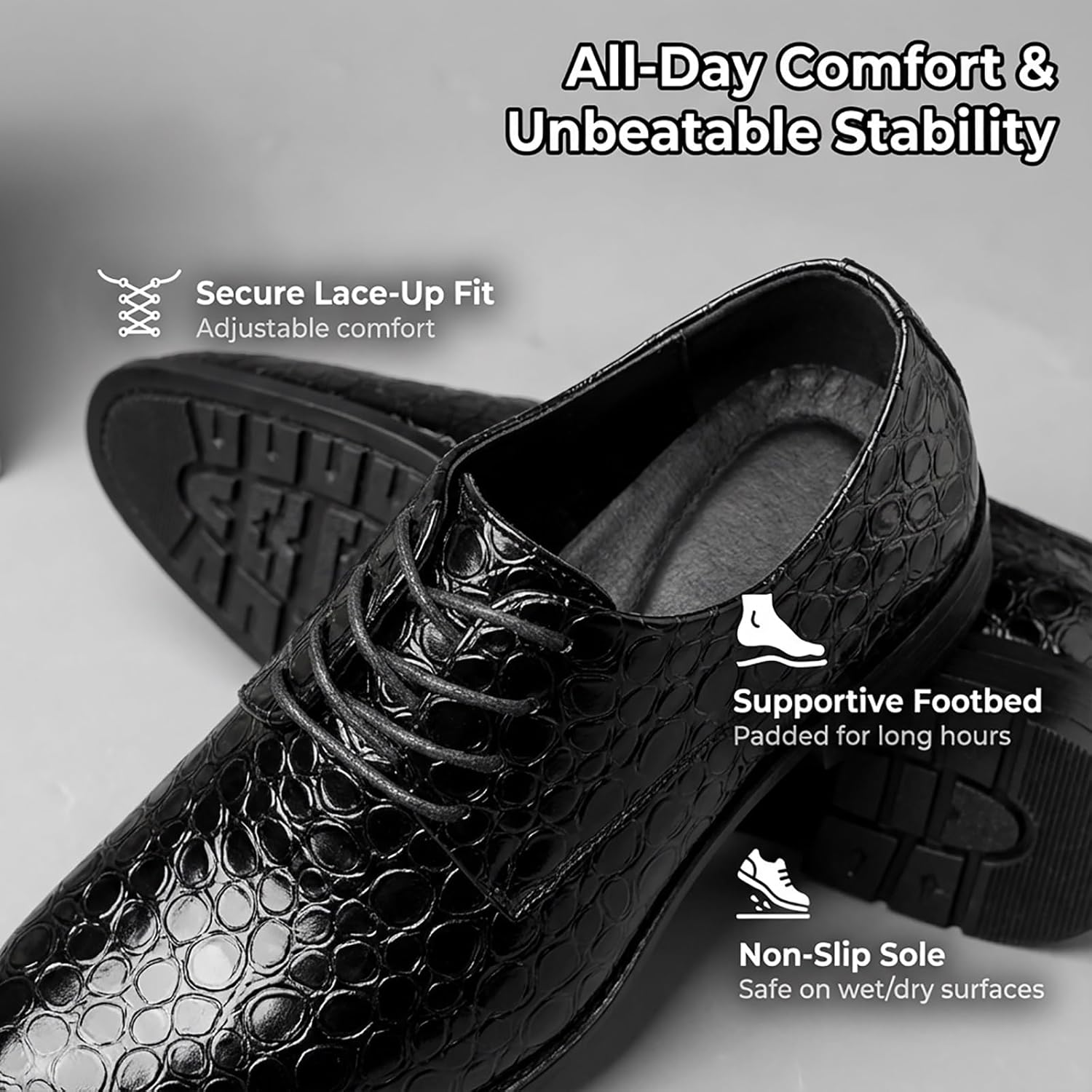 Vintage Crocodile Print Oxford Shoes, Men's Leather Lace Up Derby Non Slip Chunky Sole for Business Wedding Party Wear - Image 3