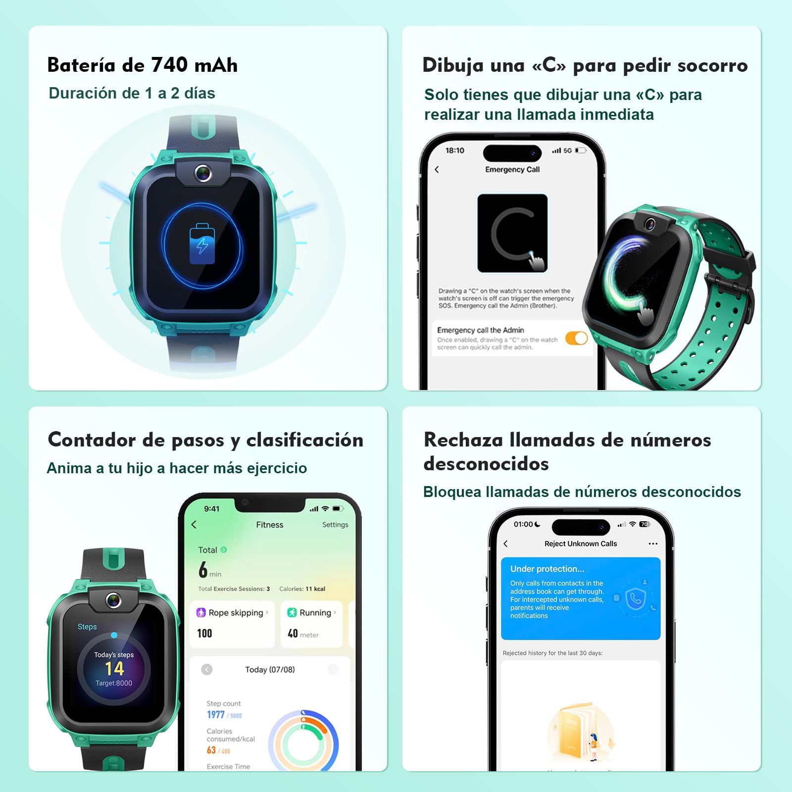 imoo Z1 Smartwatch Infantil 4G con Llamadas y Videollamadas, GPS, Modo Clase, IPX8 Resistente al Agua Verde