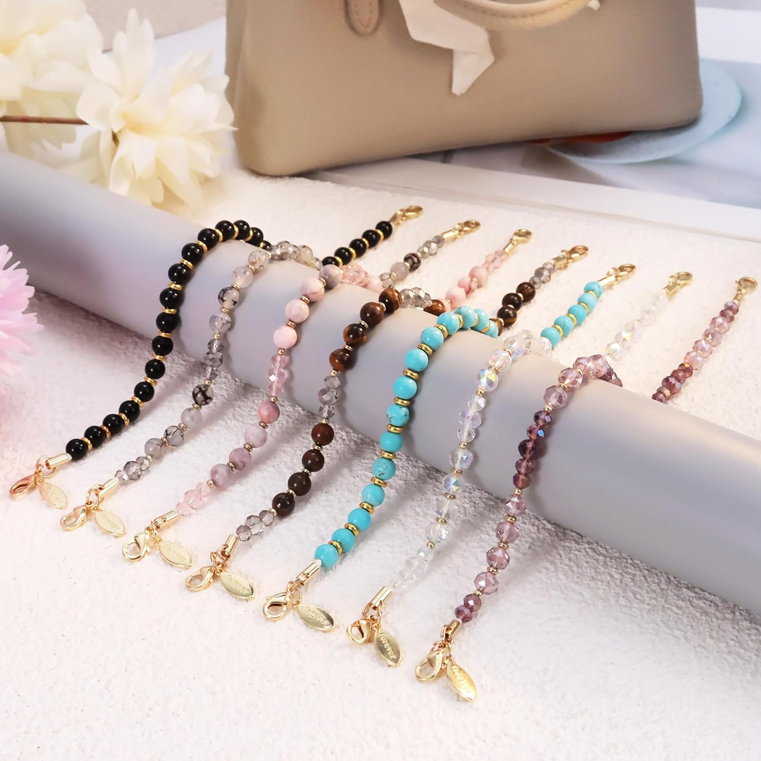 Yiflin Natural Crystal Beaded Phone Charm Strap, Handmade Phone Wrist Strap with Metal Tether Tab,Keychain Lanyard for Women - Image 6