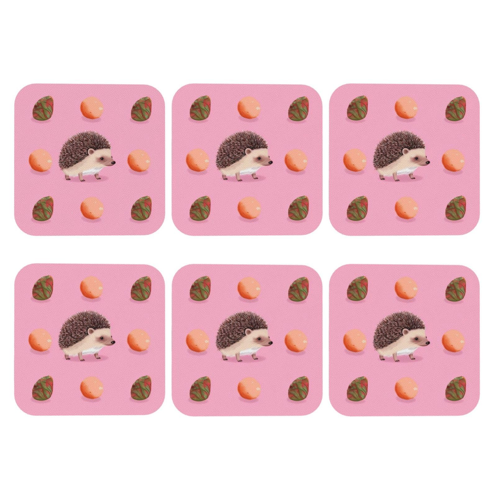 6pcs Leather Coasters for Drinks, Little Hedgehog Drink Coasters for Tabletop Protection, 4" Cup Coasters for Coffee Table Decor, Non-Slip Drinking Cup Mat for Hot Or Cold Drink