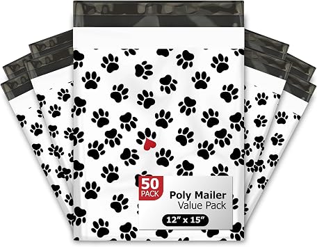 12x15 50 Paw Prints Designer Poly Mailers Shipping Envelopes Premium Printed Bags