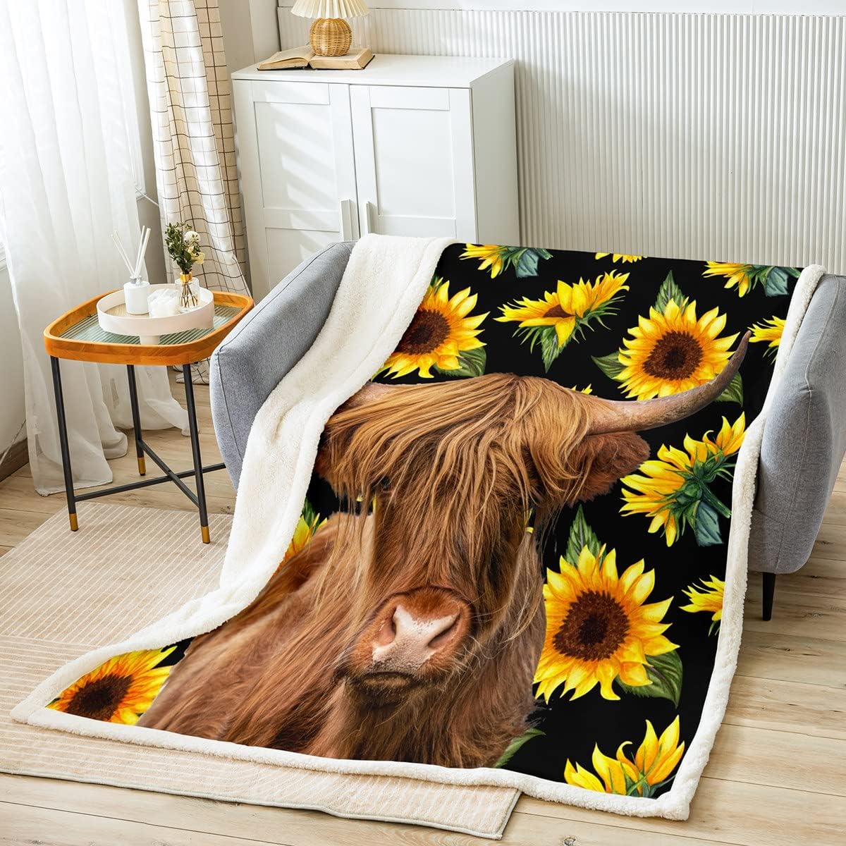 Feelyou Sunflowers Throw Blanket Floral Print Fleece Throw Blanket Highland Cow Plush Blankets Brown Highland Cattle Sherpa Blanket for Kids Boys Girls 50"x60" for Bed Sofa Couch
