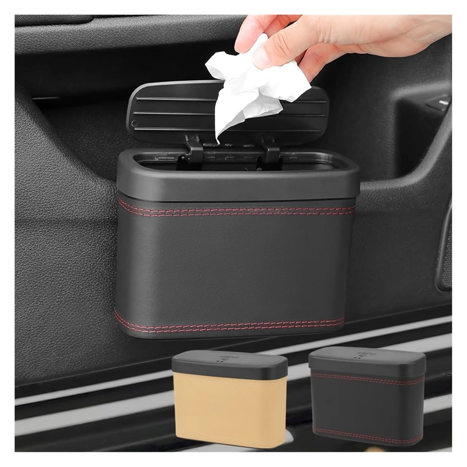 Multi-Functional car Press-Down Storage Box PU Leather Vehicle Trash can, Fit for Seat Back and Door Hanging Storage Box, Press-Down(Beige)