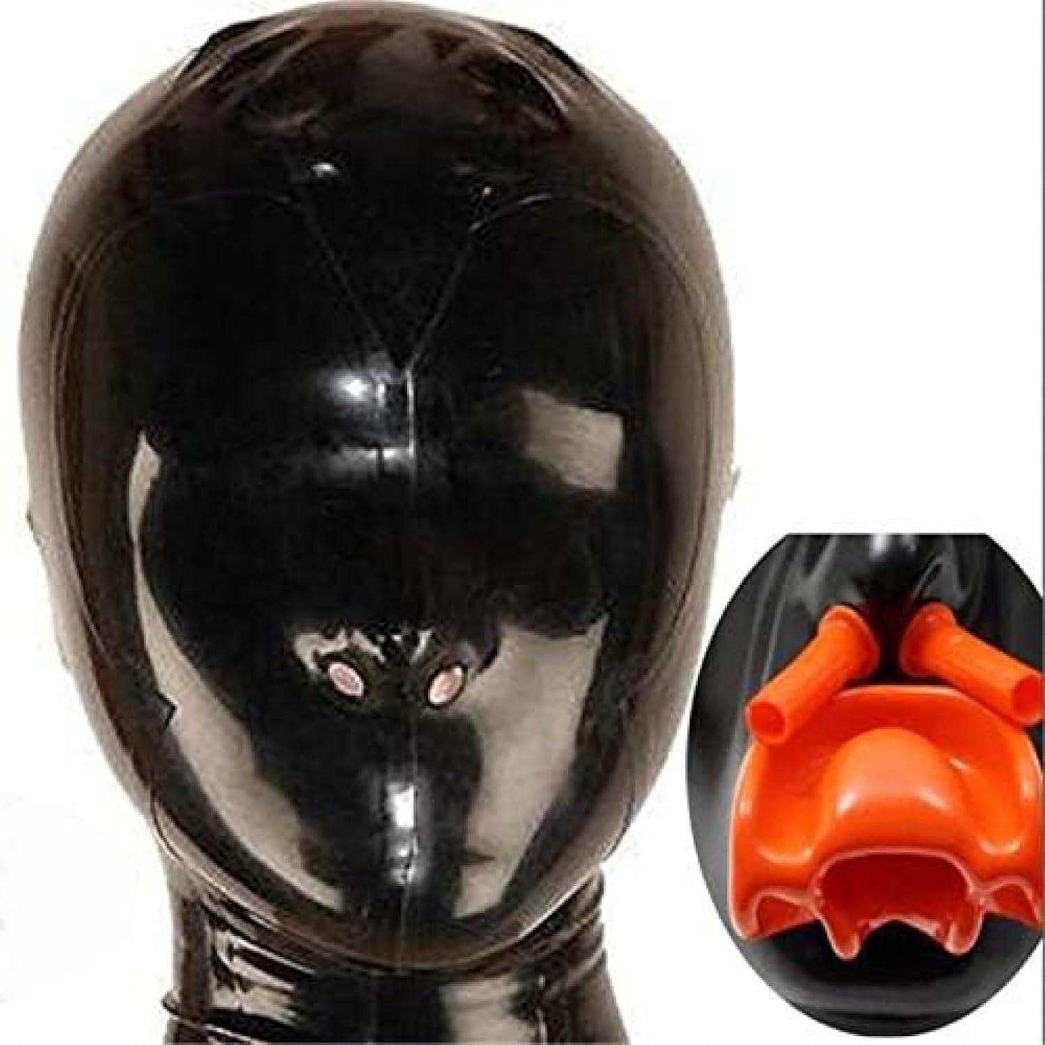 Black Latex Hood with Inner Red Mouth Teeth Gag and Nose Nasal Tubes Back Zipper Rubber Mask Club Wear 0.4-1.0mm Thick,Black 0.6mm Thick,X-Large