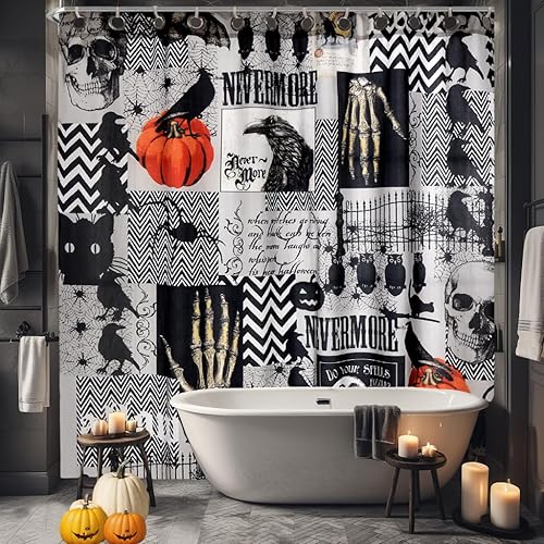 Miniatura 4 de EVENHUG Cortina de ducha de Halloween con ganchos, juego de cortina de ducha impermeable para baño, decoración temática de Halloween, 72 x 72