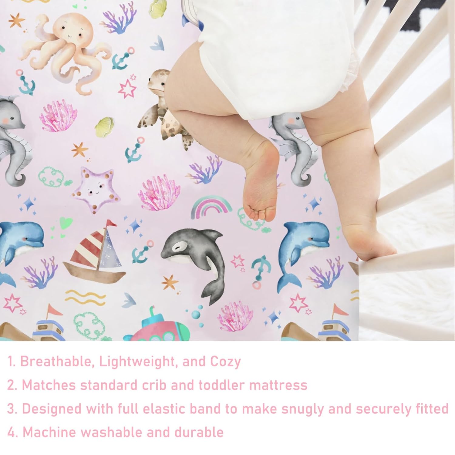 Colorful Sea Animals Rainbow Crib Sheets for Girls and Boys 52"x28" Whale Dolphin Turtle Sea Horse Corals Crib Fitted Sheet Soft Nursery Bed Sheets Fits Standard Crib and Toddler Bed Mattresses