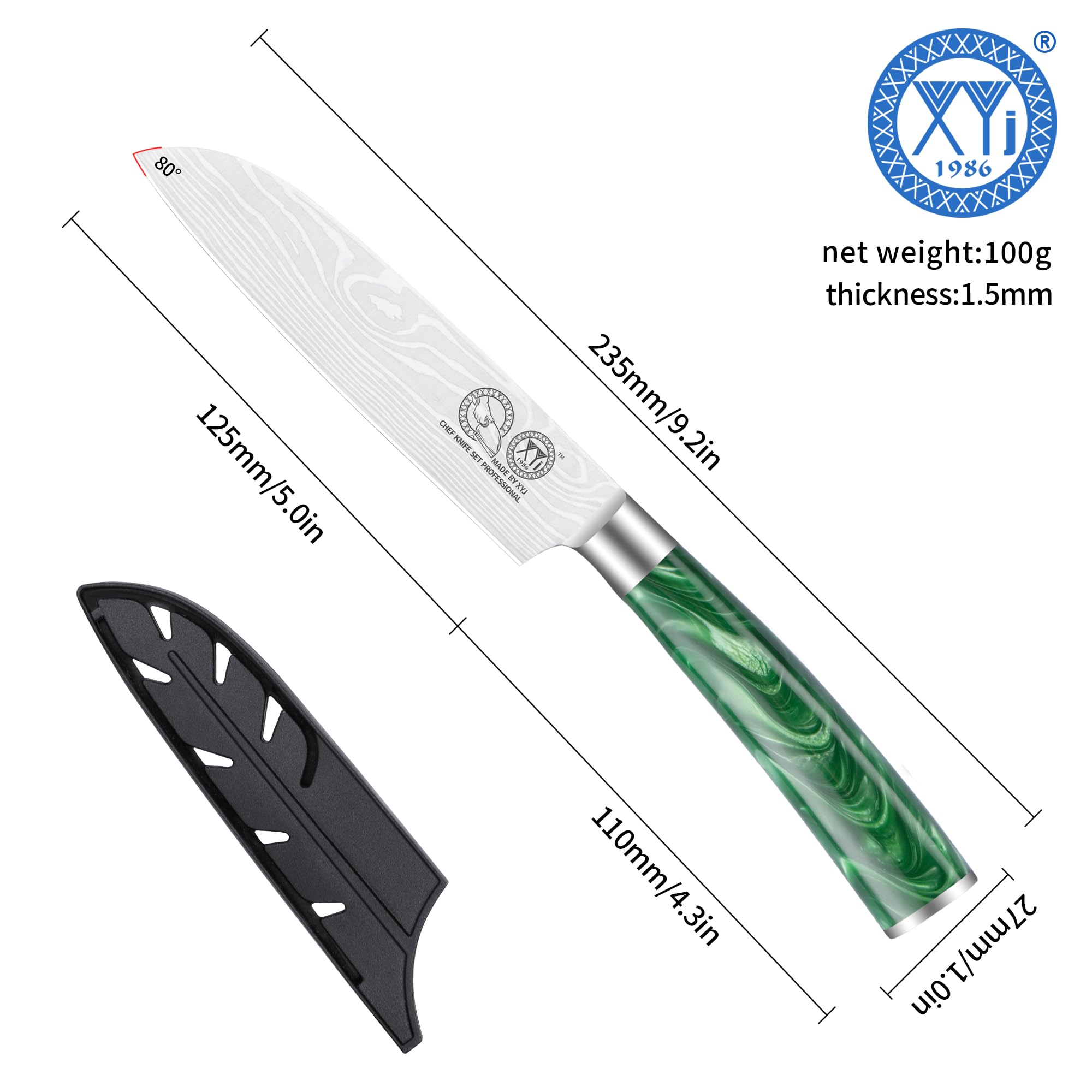 XYJ giapponese Santoku coltello in acciaio inox 5 pollici rasoio affilato coltello da cucina per frutta verdura, posate da cucina, coltello mannaia carne con copertura, manico in resina verde