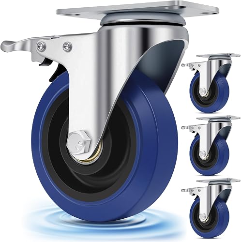 Nefish 4 Inch Soft Rubber Casters, Blue Heavy Duty Castors Wheels, Durable Furniture Caster with Brake 1800 LBS, Plate Swivel Industrial Grade Cart Wheel for Road Case, Dollies, Equipment, Machine