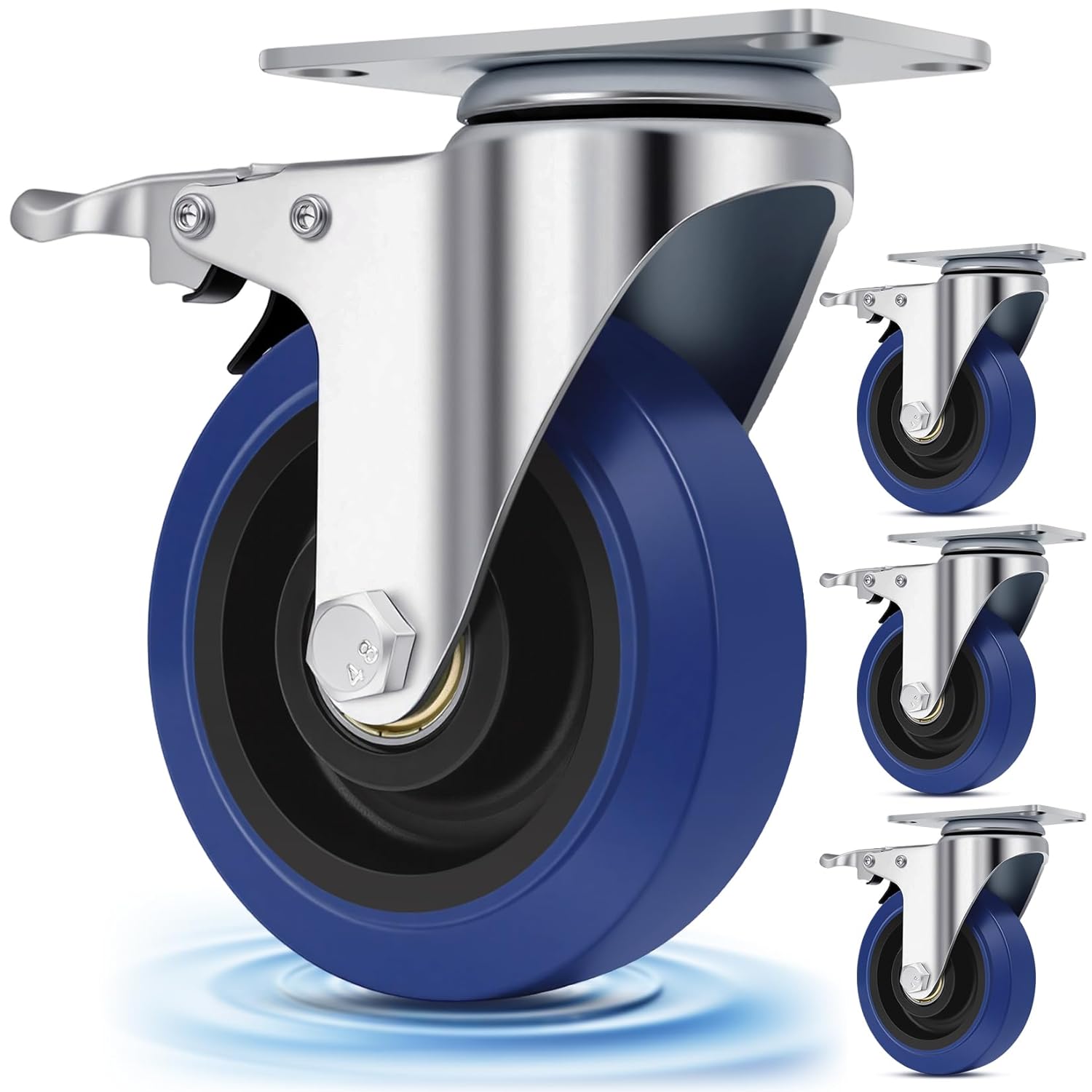 Nefish 4 Inch Soft Rubber Casters, Blue Heavy Duty Castors Wheels, Durable Furniture Caster with Brake 1800 LBS, Plate Swivel Industrial Grade Cart Wheel for Road Case, Dollies, Equipment, Machine