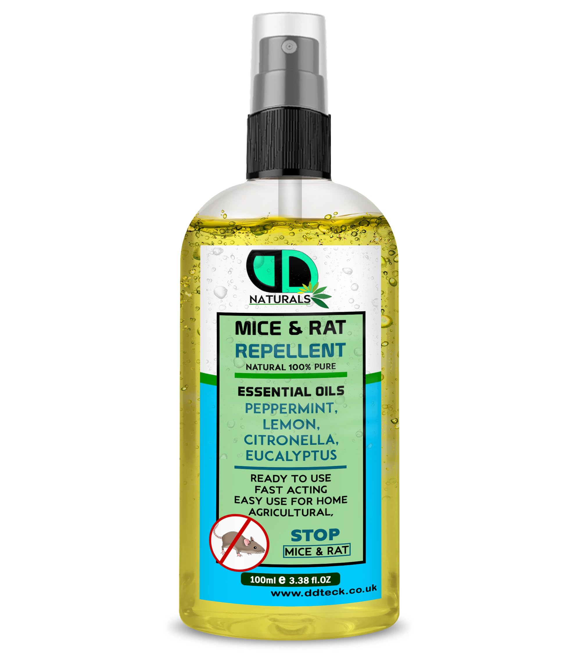 DD Teck Mice Repellent Essential Oil– Peppermint, Lemon, Eucalyptus & Citronella Formula, Long-Lasting Natural Rodent Deterrent for Homes, Cars & Caravans(100ml Spray)