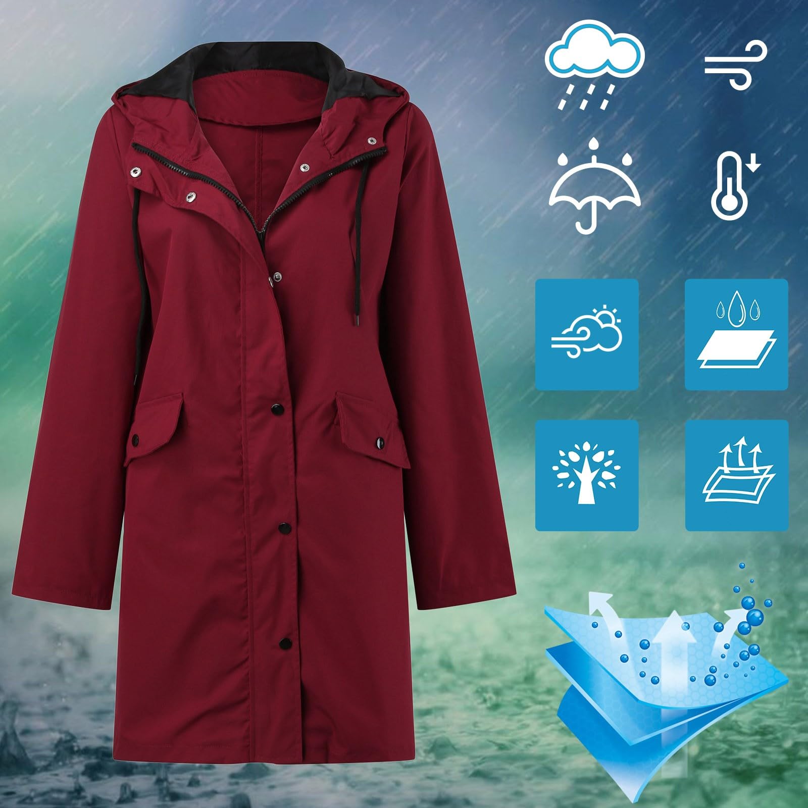 Genérico Chubasquero Largo Mujer Impermeable,Sudadera con Capucha para Mujer Chaqueta Impermeable para La Lluvia Chaqueta SóLida Entrenamiento Al Libre Chaqueta Impermeable
