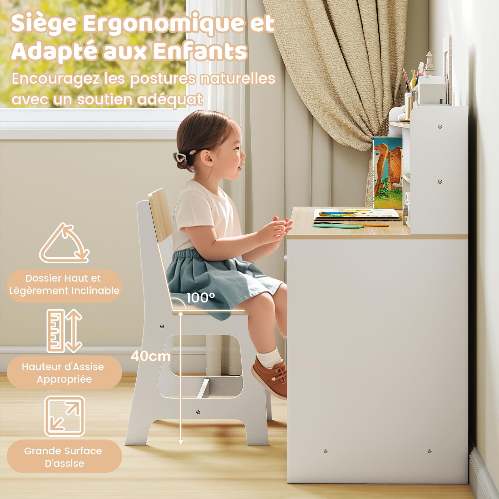 DREAMADE Bureau Enfants, Table d'Étude avec Chaise, Étagère, Tableau d'Affichage, Tiroir, Armoire pour Lecture, Dessin, Bricolage, pour Salon, Chambre d'enfant (Naturel)