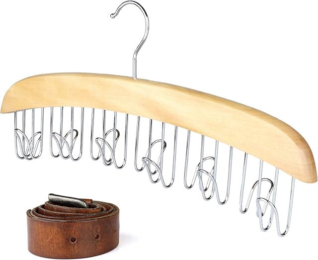 The Hanger Store Solid Wooden Belt and Scarf Space Saving Storage Hanger - 12 Chrome Hooks for Belts, Ties, Scarves, Accessories