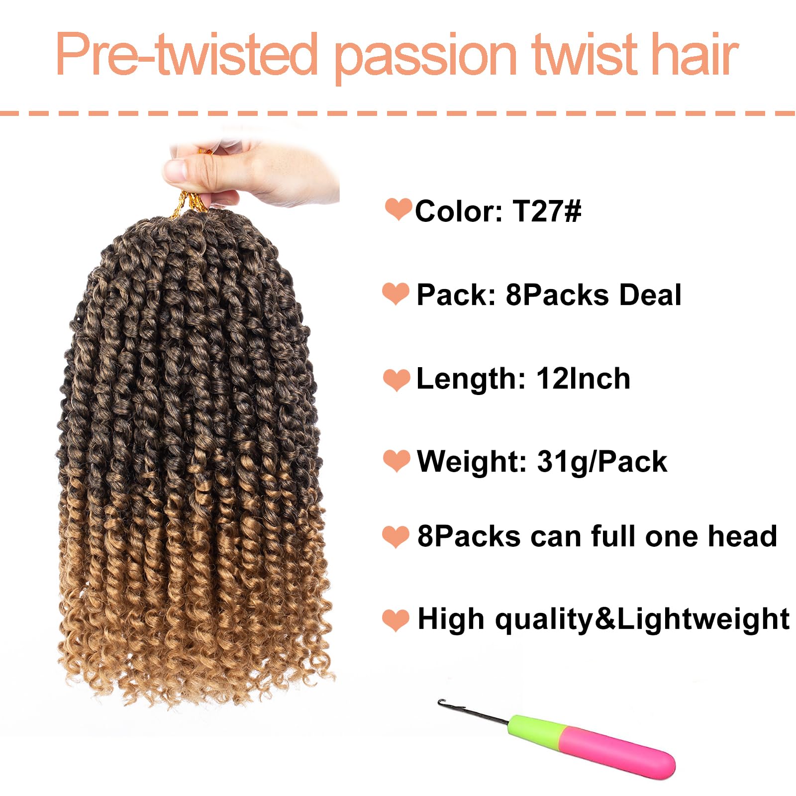 Mscat 8 Packs 12 Inch Pre-twisted Passion Twist Crochet Hair Ombre Pre-looped Crochet Braids Hair Extension (8packs, T27#) - Image 2
