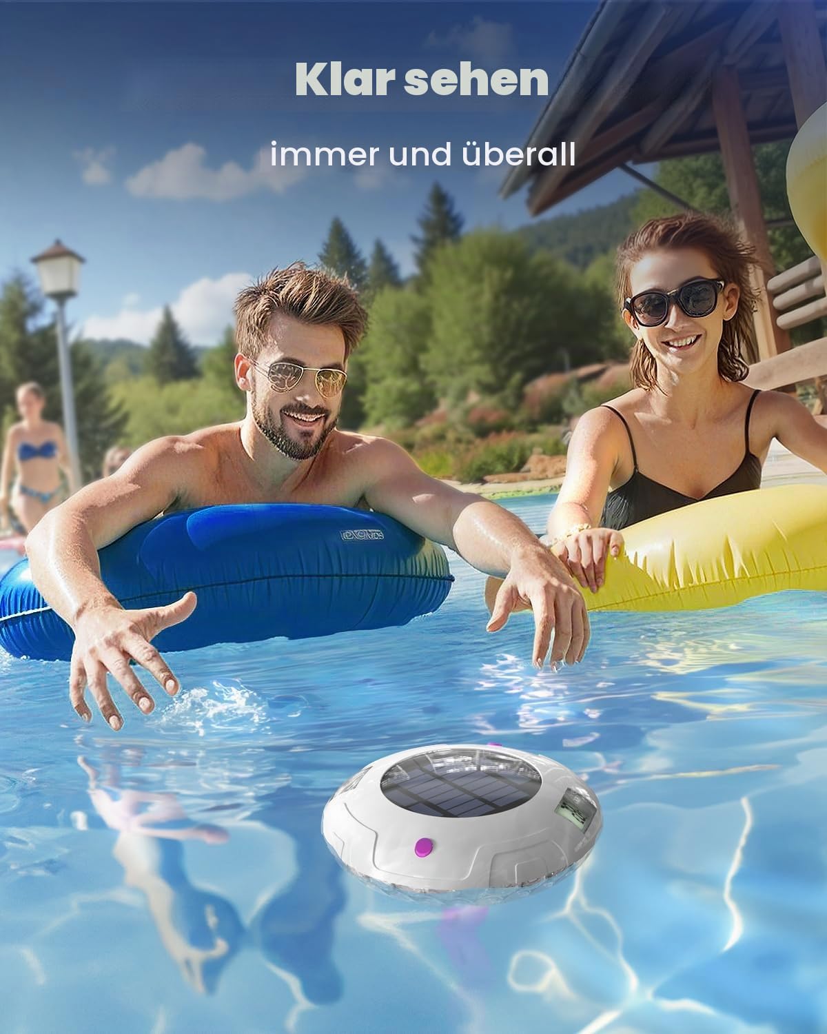 Solar Digital Pool Licht mit Dual LCD Bildschirmen, Leicht ablesbares Schwimmendes Poolthermometer mit 6 dynamischen Lichteffekten, IPX7 Wasserdicht Digital Thermometer (Marineblau)