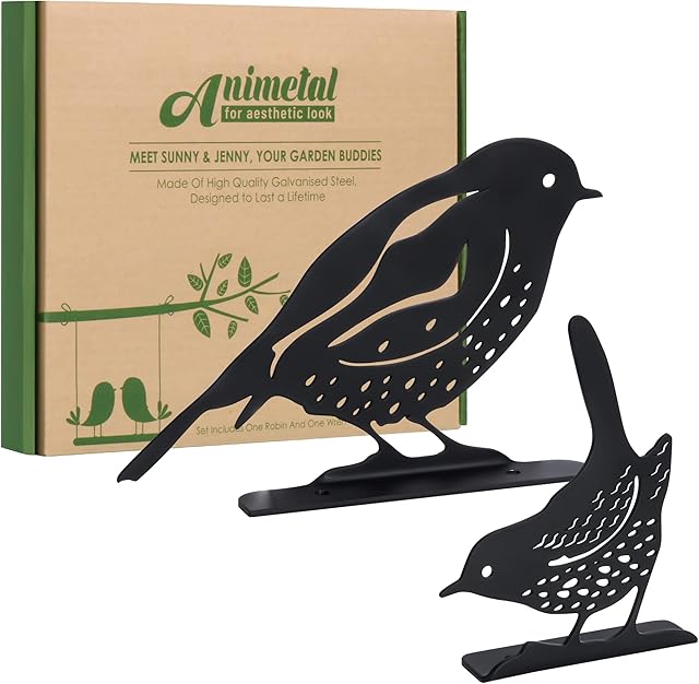 Animetal Robin And Wren Metal Birds- Black Ornaments Set For Garden Wall Art And Outdoor Fence Decoration Or Aesthetic Room Decor For Your Home.