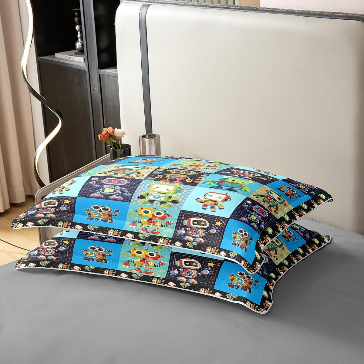 Kids Robot 100% Cotton Bedding Set Queen Size,Cartoon Cute Robots Graffiti Duvet Set 3pcs for Boys Girls,Iintelligent Machine Comforter Cover,Teens Splicing Geometric Quilt Cover,Not Comforter