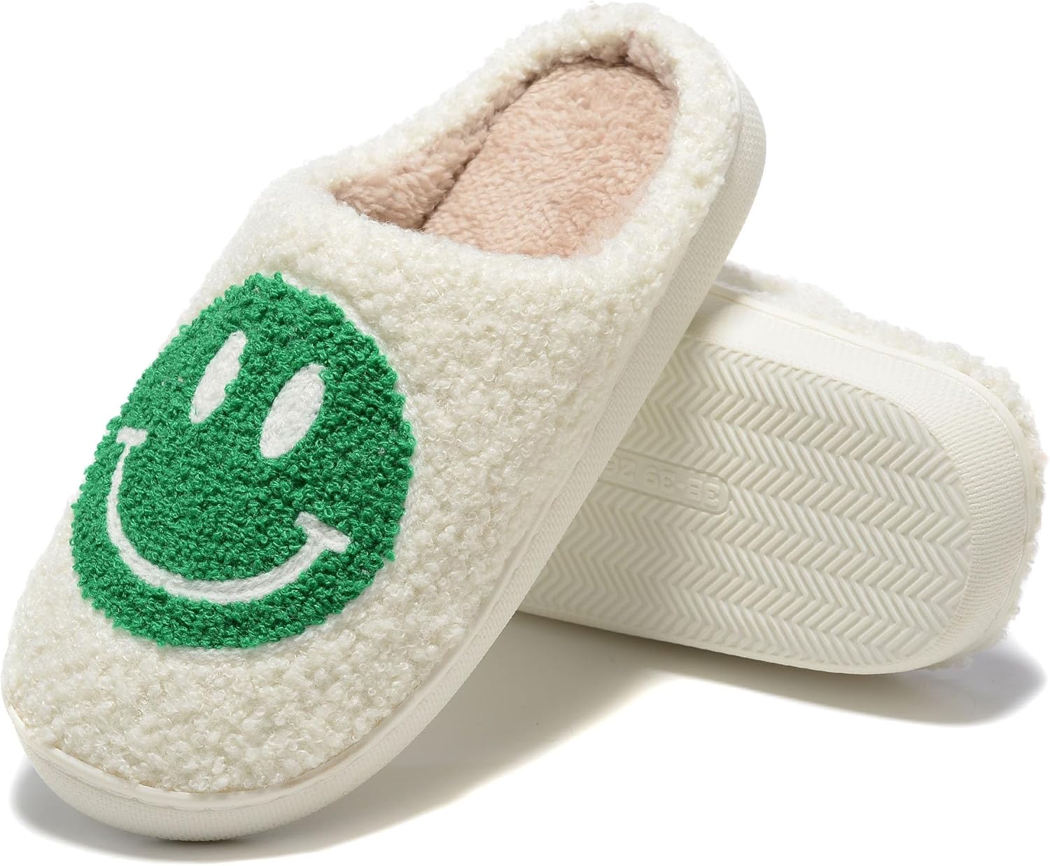LIONPARK Retro Fuzzy Happy Face Slippers for Women Men Soft Fluffy Warm Non-Slip Happy Face Design Indoor Outdoor Anti-Skid Memory Foam Slides