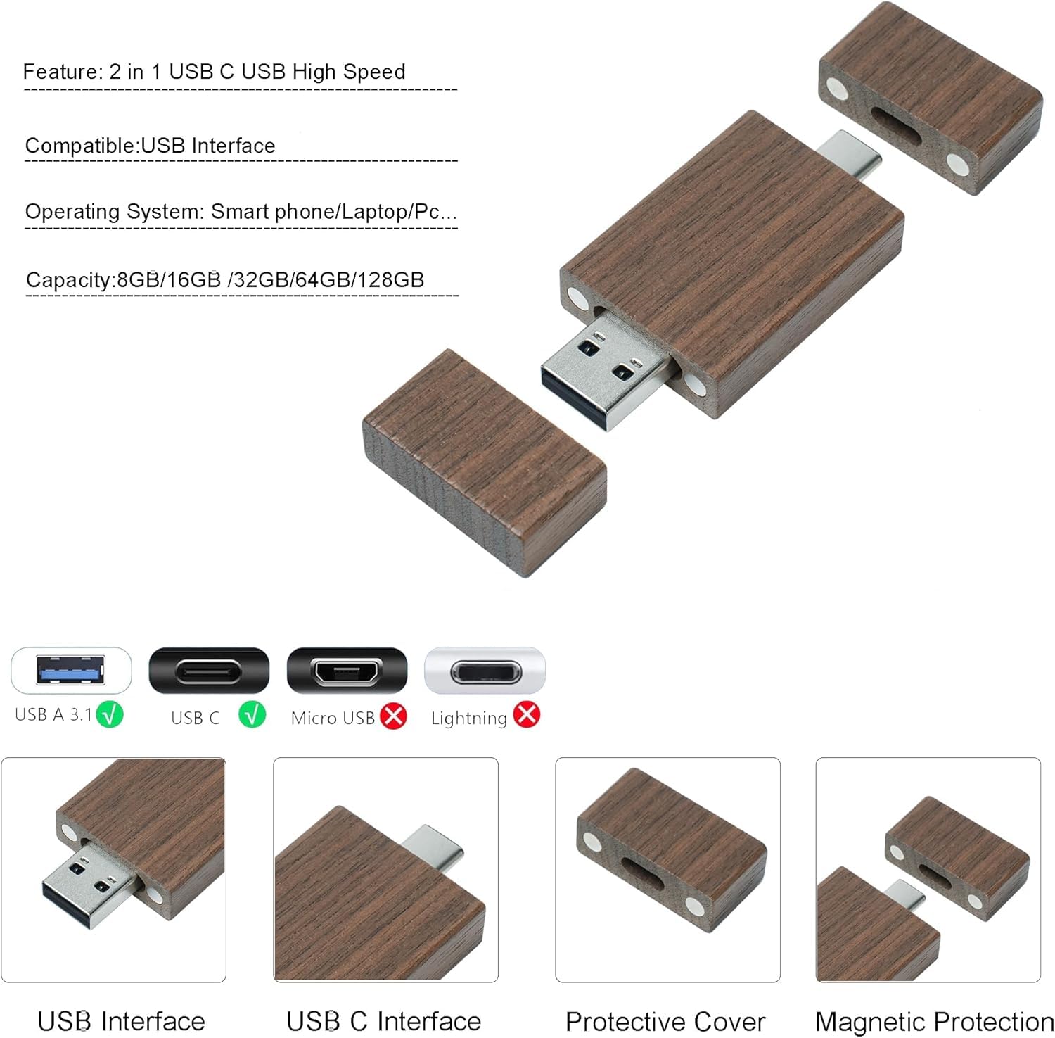 Clé USB C en Bois de Noyer 8 Go Type-C OTG Pen Drive Compatible avec Smartphone Android - Double Interface USB-A et Type-C - 4